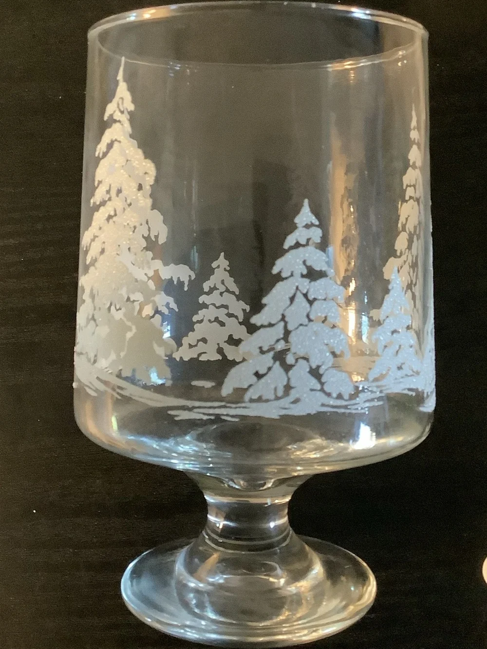 Vintage Etched White Fir Trees on Clear 6” H Glass